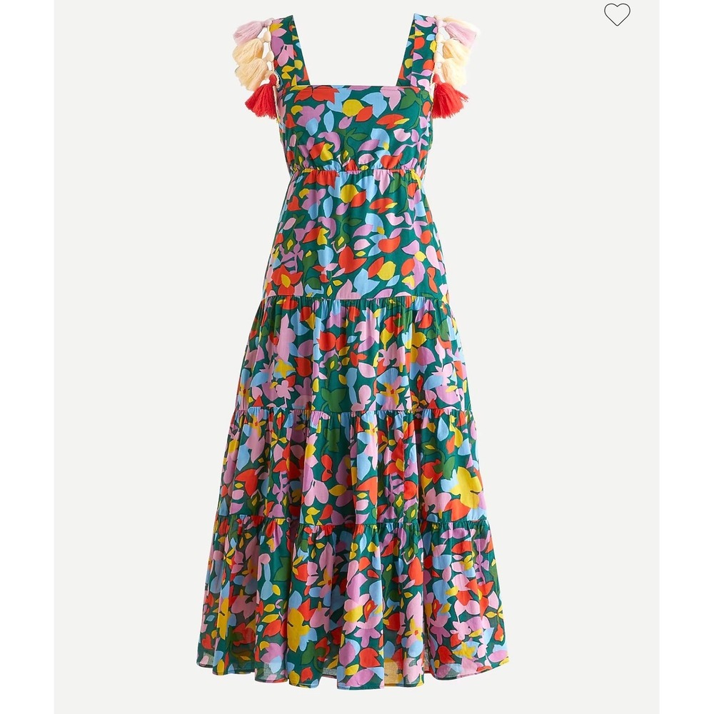J.Crew Tassel Strap Tiered Maxi Dress Floral Abstract Print Green Multi Large